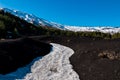 Etna - A snow covered hiking trail leading to the summit of the volcano mount Etna in Catania, Sicily, Italy, Europe Royalty Free Stock Photo