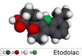 Etodolac molecule. It is nonsteroidal anti-inflammatory drug NSAID with analgesic and antipyretic properties. Molecular model. 3D