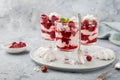 Eton mess, traditional english dessert, meringues, whipped cream, berry sauce and fresh raspberry in glass