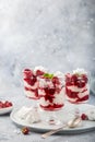 Eton mess, traditional english dessert, meringues, whipped cream, berry sauce and fresh raspberry in  glass Royalty Free Stock Photo