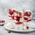 Eton mess, traditional english dessert, meringues, whipped cream, berry sauce and fresh raspberry in  glass Royalty Free Stock Photo