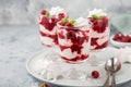 Eton mess, traditional english dessert, meringues, whipped cream, berry sauce and fresh raspberry in  glass Royalty Free Stock Photo