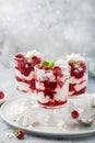 Eton mess, traditional english dessert, meringues, whipped cream, berry sauce and fresh raspberry in glass