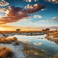 Ai Generated illustration Wildlife Concept of Etosha National Park landscape with pond water