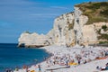 ETRETAT, FRANCE - : Etretat cliff and its beach with unknown people. On August 27 2013 in Normandy