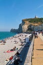 Etretat Normandy France. The chalk cliffs and sunbathers