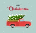 etro red pickup truck with christmas tree Royalty Free Stock Photo