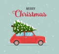 etro red pickup truck with christmas tree Royalty Free Stock Photo