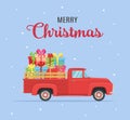 etro red pickup truck with christmas tree Royalty Free Stock Photo