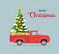 etro red pickup truck with christmas tree Royalty Free Stock Photo