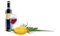 Etrog, four species plants, red wine bottle and glass for Sukkot holiday watercolor illustration. Jewish banner template