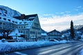 Alpine village snowy landscape icy street at blue hour Royalty Free Stock Photo