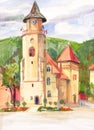 Etude painted with gouache. Romania, Piatra Neamt. Stephen`s Tower