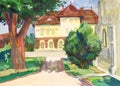 Etude painted with gouache. Romania, Piatra Neamt. Town square. Art museum Royalty Free Stock Photo