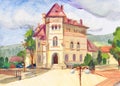 Etude painted with gouache. Romania, Piatra Neamt. Town square. Cucuteni Museum Royalty Free Stock Photo