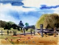 Etude Rural landscape with hay stack. Field, sky, fence. Watercolor drawing