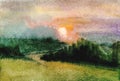 Etude Rural landscape. Red misty sunset. Field, forest, sky. Watercolor drawing