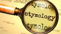 Etymology and a magnifying glass on English word Etymology to symbolize studying, examining or searching for an explanation and Royalty Free Stock Photo