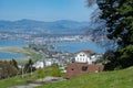 Etzel, Switzerland - April 23rd 2021: View from Etzel to the dam of lake Zurich
