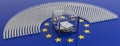 European parliament members as pawns and a voting box on EU flag, 3d illustration