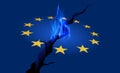 EU energy shortage and economy crisis. Natural gas flame on cracked and burning European Union flag