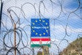 EU Entrance roadsign blocked by the Border fence between Rastina Serbia and Bacsszentgyorgy Hungary