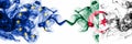 Eu, European Union vs Algeria, Algerian smoky mystic flags placed side by side. Thick colored silky abstract smoke flags