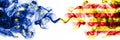 Eu, European Union vs Spain, Catalonia, Catalan, Senyera smoky mystic flags placed side by side. Thick colored silky abstract Royalty Free Stock Photo