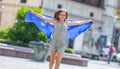 EU Flag. Cute happy girl with the flag of the European Union. Yo