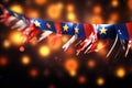 Eu flag ribbon on bokeh background. 3D rendering, A garland of Malaysia national flags on an abstract blurred background, AI Royalty Free Stock Photo