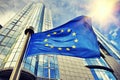 EU flag waving in front of European Parliament building in Bruss Royalty Free Stock Photo