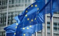 EU flags in front of European Parliament building in Brussel Royalty Free Stock Photo