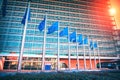 EU flags in front of European Parliament building. Brussels, Belgium Royalty Free Stock Photo