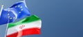 eu and iran flags waving in the wind against a blue sky mockup with copy space. national symbols of the European Union and iranian