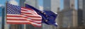 EU and USA flag waving, United States of America and European Union sign. 3d render Royalty Free Stock Photo