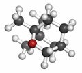 Eucalyptol eucalyptus oil molecule, 3D rendering. Atoms are represented as spheres with conventional color coding: hydrogen (white
