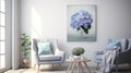 eucalyptus and blue hydrangeas encircle a minimalist blue canvas, Ai Generated