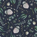 Eucalyptus branches watercolor seamless pattern with branches, grass and tiny field flowers on dark navy blue background