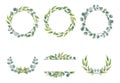 Eucalyptus branches wreaths with watercolor style. Wedding greenery in circle decorative design elements