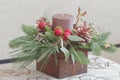 Eucalyptus Christmas floral decoration in wooden container Royalty Free Stock Photo