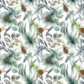 Eucalyptus, conifer, pine branches and leaves seamless pattern. Watercolor illustration. Pine, eucalyptus, cone, conifer