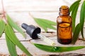 Eucalyptus essential oil in the amber bottle