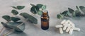 Eucalyptus essential oil and fresh leaves, white capsules pills on the stone board. Royalty Free Stock Photo