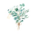 Eucalyptus and gypsophila watercolor bouquet. Willow, silver dollar and true blue branches with jute cord bow and