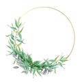 Eucalyptus leaf and branches elegant floral wreath illustration. Hand drawn watercolor lush green bouquet with golden circle.