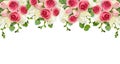 Eucalyptus leaves, freesia and pink rose flowers in a top border Royalty Free Stock Photo