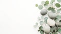Eucalyptus leaves and smooth stones on white background create calming spa atmosphere., ai generative Royalty Free Stock Photo