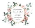 Eucalyptus and pale roses, protea, camellia vector design invitation frame