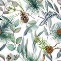 Eucalyptus, pine branches and leaves watercolor seamless pattern. Hand drawn illustration. Pine, eucalyptus, cone