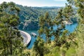 Eucalyptus trees in the hill and wild vegetation with aerial view to Cabril dam and ZÃÂªzere river, PedrogÃÂ£o Pequeno -SertÃÂ£ PORTU Royalty Free Stock Photo